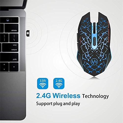 TENMOS K6 Raton Inalambrico Gaming, LED Recargable Óptico Inalámbrico Ratón Ergonómicos Inalámbricos Portatil con Receptor USB, 3 dpi Ajustables Y 6 Botones, para Mac/Laptop/PC/Notebook (Azul)