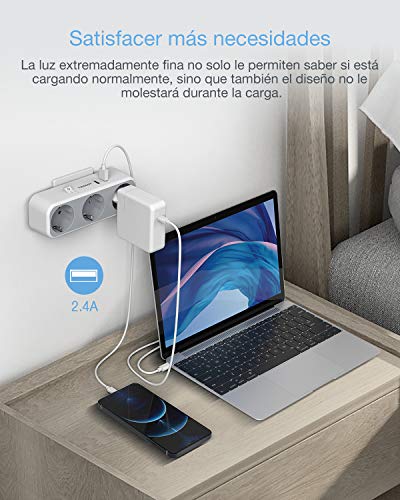 TESSAN Enchufe USB, 5 en 1 Ladron Enchufes con Interruptor, Enchufe Interruptor con 3 Enchufes Schuko y 2 Puertos USB, Enchufe Multiple Adaptador Compatible con Phone, Enchufe USB Pared para Hogar