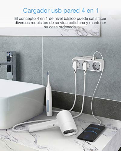 TESSAN Enchufe USB, 5 en 1 Ladron Enchufes con Interruptor, Enchufe Interruptor con 3 Enchufes Schuko y 2 Puertos USB, Enchufe Multiple Adaptador Compatible con Phone, Enchufe USB Pared para Hogar