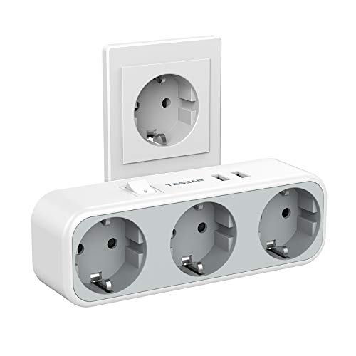 TESSAN Enchufe USB, 5 en 1 Ladron Enchufes con Interruptor, Enchufe Interruptor con 3 Enchufes Schuko y 2 Puertos USB, Enchufe Multiple Adaptador Compatible con Phone, Enchufe USB Pared para Hogar
