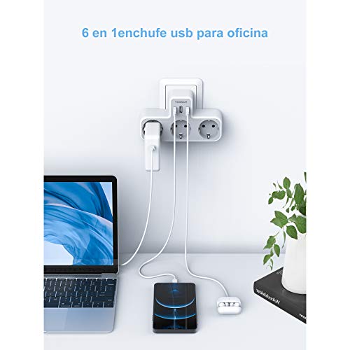 TESSAN Ladron Enchufes USB, Enchufe Múltiple USB con 3 Enchufes Schuko 3 Puertos USB, Adaptador Enchufe USB Pared para Oficina, Cocina, Compatible con Móviles, Enchufe Triple USB Pared Blanco y Gris