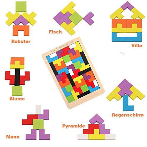 Tetris del Juguete Madera,Puzle de Madera 40 Unidades Rompecabezas Madera Colorido Bloques Geométricos Juego Educativo para Niños Mejor Regalo Educativo Temprano
