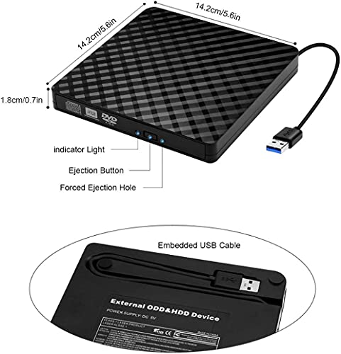TFR Unidad Externa de CD DVD,Grabadora CD / DVD Externa USB 3.0,Lector de DVD/CD con Capacidad de Corrección de Errores, Compatible con WIN98/XP/WIN7/WIN8/WIN10/XP/VISTA/ Mac OS 8.6 o Superior