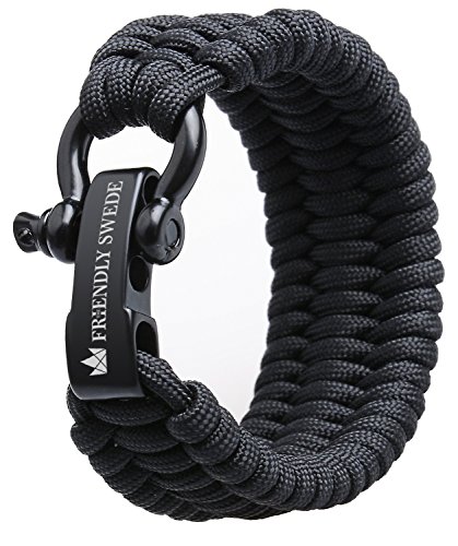 The Friendly Swede Pulsera de Supervivencia Trilobite en Paracord - Tamaño Ajustable - 3 Tamaños Disponibles - GARANTÍA DE por Vida (Negro, L/XL)