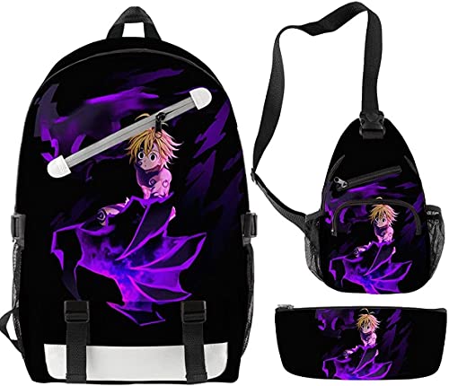 The Seven Deadly Sins - Mochila infantil con dibujos animados (3 juegos), mochila principal + bandolera + maletín.