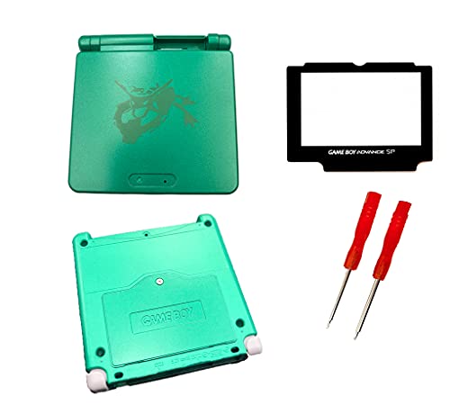 THE TECH DOCTOR Carcasa completa Gameboy Advance SP de repuesto, lente de pantalla y botones, kit de reparación profesional que incluye herramientas (Pokemon Esmeralda)