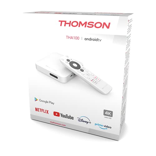 THOMSON THA100 - Smart Box Android TV 10.0 Ultra HD 4K, HDR, Chromecast, Assistant Vocal Google, Netflix, Disney +, Prime Vidéo, Google Play Store, WiFi 5 Dual Band, LAN, Bluetooth 4.2
