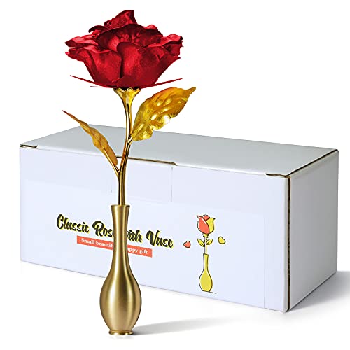 THYGIFTREE Regalo de rosa roja para siempre, jarrón de rosas infinitas de flores artificiales clásicas, regalo eterno femenino único hermoso y feliz, regalo simple de cumpleaños y día de la madre