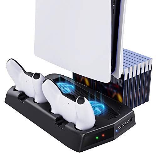 TiMOVO Estación de Carga para PS5, Soporte Vertical 3 en 1 con Ventiladores Enfriamiento 14 Ranuras de Juegos LED Indicador Base para Consola DualSense de Edición Digital Ultra HD PlayStation 5, Negro