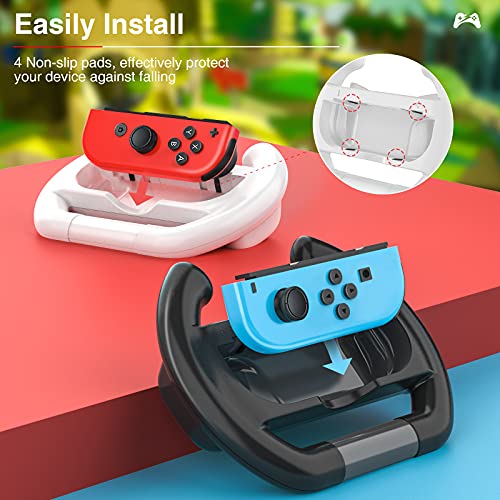 TiMOVO Volante y Grip Compatible con Nintendo Switch OLED Modelo 2021/Switch Joy-Con, 2PCS Volantes para Juego de Carreras & 2PCS Agarres para Manos Ergonómicos para Switch Controlador, Negro & Blanco