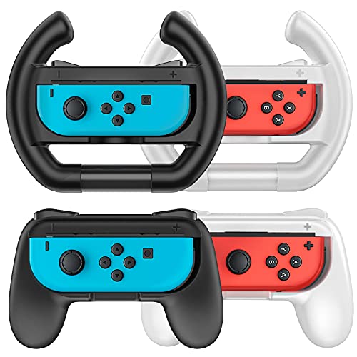 TiMOVO Volante y Grip Compatible con Nintendo Switch OLED Modelo 2021/Switch Joy-Con, 2PCS Volantes para Juego de Carreras & 2PCS Agarres para Manos Ergonómicos para Switch Controlador, Negro & Blanco