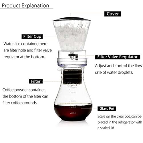 Tingting1992 cafetera Coffee Pot Glass Frío Hielo Agua Drip Fabricante de café Brew Pot Dripper Cafetera Coffee Kettle Amante del café 800ml Pava