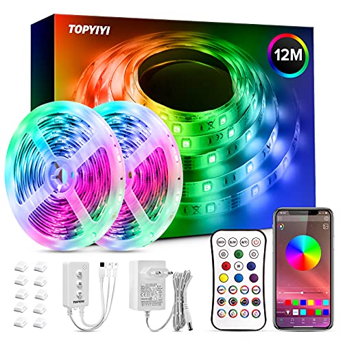 Tiras LED 12M RGB 5050 Música, Bluetooth Luces de Tiras LED, luces led habitacion Controladas por APP, IR Control Remoto y Controlador, Regalos de Navidad, 16 Milliones de Colores para Hogar, Bar