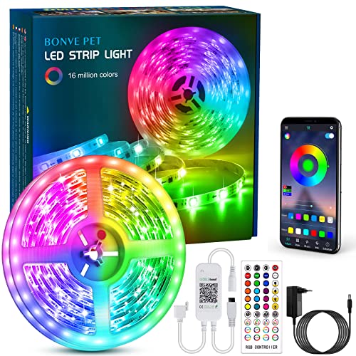 Tiras Led, Bonve Pet 6M Luces Led RGB 5050 Luces Led Habitación Controlas con App y Control Remoto, Tiras led RGB 12V, 16 Milliones de Colores, 28 Modos, Tira de luz para Decoración Dormitorio Cocina