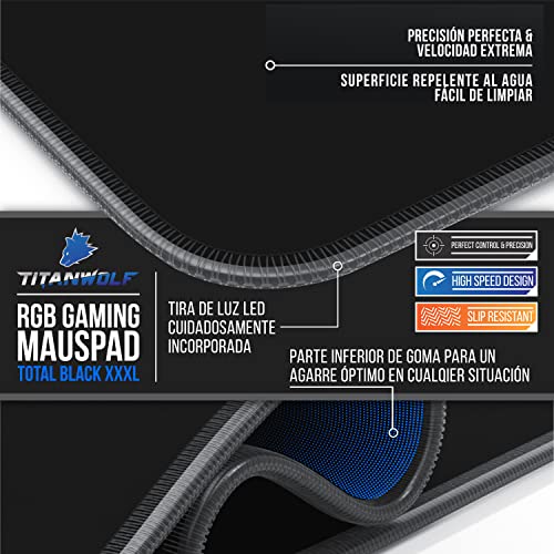 TITANWOLF - Alfombrilla para ratón Gaming RGB - Mouse Pad 1200x600 mm - LED Multicolor 7 Colores - 4 Modos de Efectos - Mejora precisión y Velocidad - Superficie Inferior de Goma – Motivo Total Black