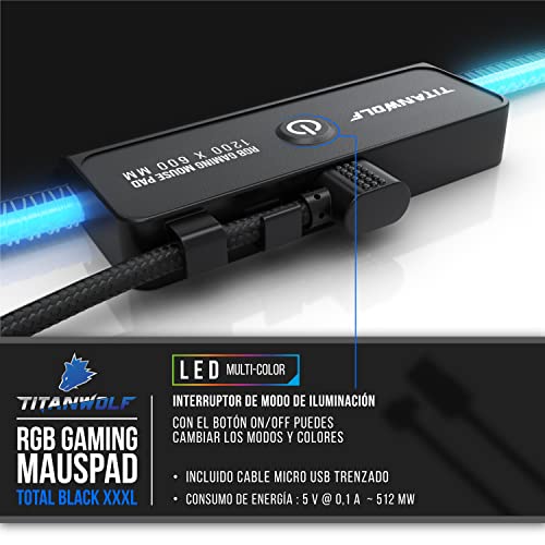 TITANWOLF - Alfombrilla para ratón Gaming RGB - Mouse Pad 1200x600 mm - LED Multicolor 7 Colores - 4 Modos de Efectos - Mejora precisión y Velocidad - Superficie Inferior de Goma – Motivo Total Black