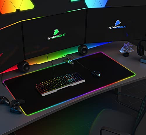TITANWOLF - Alfombrilla para ratón Gaming RGB - Mouse Pad 1200x600 mm - LED Multicolor 7 Colores - 4 Modos de Efectos - Mejora precisión y Velocidad - Superficie Inferior de Goma – Motivo Total Black