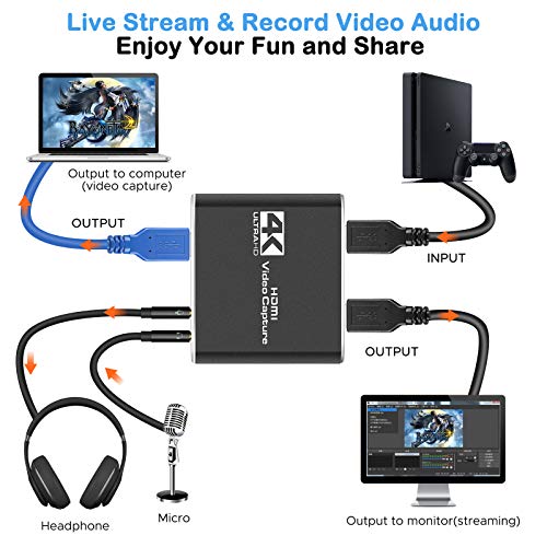 TKHIN Capture Card, Tarjeta de grabación de vídeo con micrófono, 4K HDMI 1080p 60fps, grabadora de vídeo para juegos, streaming en vivo, videoconferencias, funciona para PS4, Xbox One, OBS, cámara, PC
