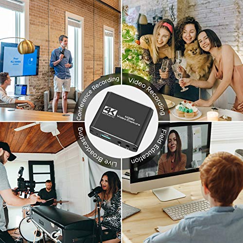 TKHIN Capture Card, Tarjeta de grabación de vídeo con micrófono, 4K HDMI 1080p 60fps, grabadora de vídeo para juegos, streaming en vivo, videoconferencias, funciona para PS4, Xbox One, OBS, cámara, PC