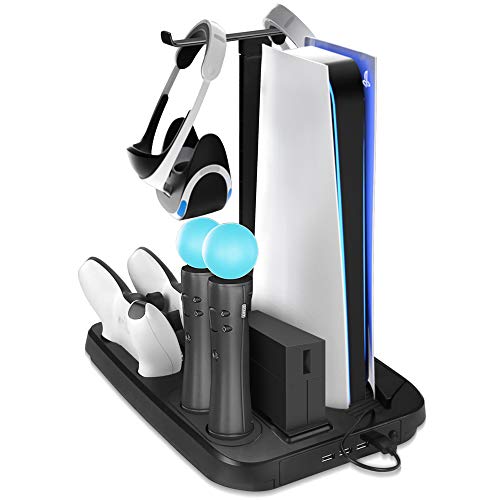 Tobheo Soporte Vertical Compatible para PS5 con Ventilador de Refrigeración, Cargador Mandos Compatible para Playstation 5 con Indicador LED, Soporte Compatible para Playstation VR Auriculares
