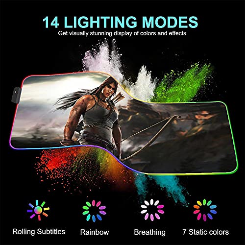 Tomb Raider Alfombrillas de ratón Anime RGB para Ordenador XXL Alfombra de Jugador Grande Alfombrilla de Mesa para Juegos Retroiluminación LED 31,5 Pulgadas X 11,8 Pulgadas X0,16 Pulgadas
