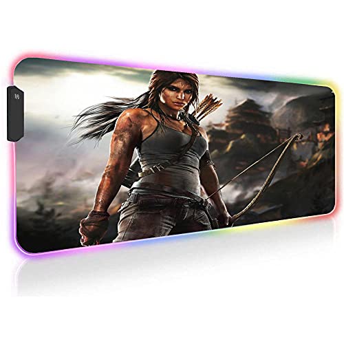 Tomb Raider Alfombrillas de ratón Anime RGB para Ordenador XXL Alfombra de Jugador Grande Alfombrilla de Mesa para Juegos Retroiluminación LED 31,5 Pulgadas X 11,8 Pulgadas X0,16 Pulgadas