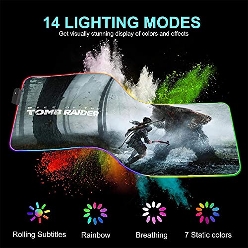 Tomb Raider Alfombrillas de ratón LED Grande para Juegos RGB Alfombrilla de Escritorio Brillante para Ordenador Pc XXL 35,43 Pulgadas X 15,74 Pulgadas X0,16 Pulgadas
