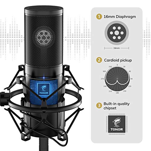 TONOR Micrófono de Condensador USB Micro Grabación Patrón Polar Cardioide para Grabar Música y Video Podcast Transmisión en Vivo Juegos Chat Soporte de Brazo