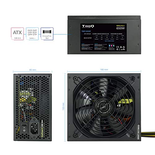 Tooq TQEP-650SP - Fuente de Alimentación Ecopower II de 650W con PFC Pasivo, Ventilador silencioso de 120mm con control automático de velocidad, negro
