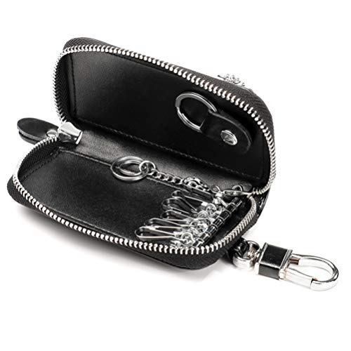 TOPBATHY Bolsa de Llave de Coche Bolsa de Almacenamiento de Llave de Cuero de La PU Cremallera Llavero Funda Cartera Billetera con Gancho Colgante Mujeres Hombres Suministros Al Aire Libre Negro