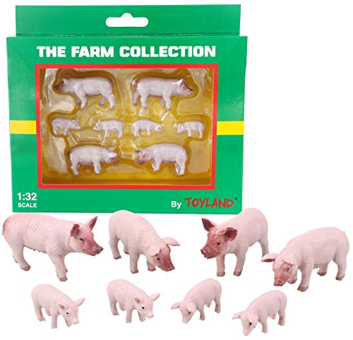 TOYLAND® Pack de 8 Figuras de Animales de Cerdos y lechones Blancos Grandes a Escala 1:32 - The Farm Collection - Figuras de Animales coleccionables