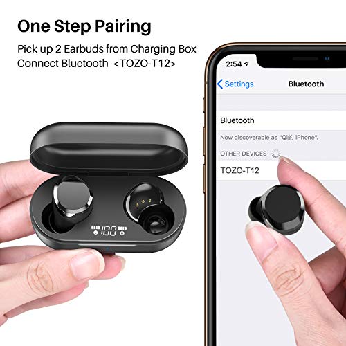 TOZO T12 Auriculares Bluetooth con Control táctil y Estuche de Carga inalámbrica Pantalla LED de Inteligencia Digital IPX8 Impermeables con micrófono Incorporado Bajos Profundos para Deporte Negro