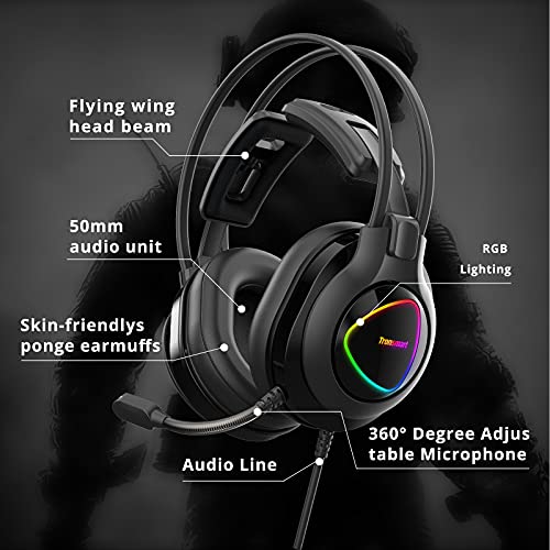 Tronsmart Alpha-glary Auriculares Gaming, Cascos Gaming 50mm Estéreo Envolventes 3,5 mm Jack con Micrófono Ajustables-RGB LED-Cancelación del Ruido para Mac/PC