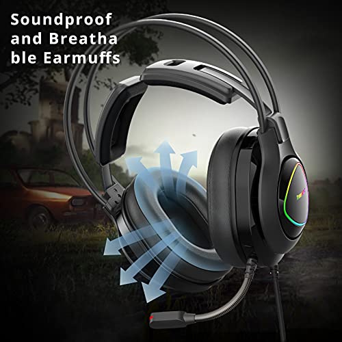Tronsmart Alpha-glary Auriculares Gaming, Cascos Gaming 50mm Estéreo Envolventes 3,5 mm Jack con Micrófono Ajustables-RGB LED-Cancelación del Ruido para Mac/PC