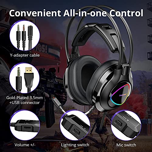 Tronsmart Alpha-glary Auriculares Gaming, Cascos Gaming 50mm Estéreo Envolventes 3,5 mm Jack con Micrófono Ajustables-RGB LED-Cancelación del Ruido para Mac/PC