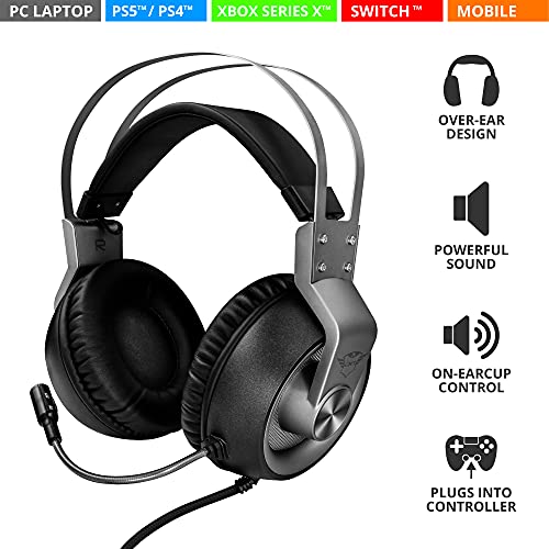 Trust Cascos Gaming GXT 430 Ironn Auriculares Gamer con Micrófono Flexible, Potentes Unidades Acústicas de 50 mm, Cable de Goma, para PS4, PS5, PC, Nintendo Switch, Xbox One, Xbox Series X - Negro
