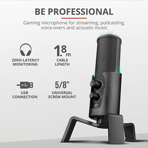 Trust Gaming GXT 258 Fyru Micrófono USB con 4 patrones de grabación: cardioide, bidireccional, estéreo y omnidireccional, latencia cero, LED 5 colores, para PC, PS4 y PS5 - Negro