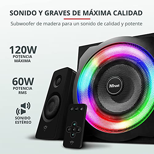 Trust Gaming GXT 629 Tytan Altavoces PC Gaming 2.1 con Subwoofer, RGB, 120 W, Control Inalámbrico, Jack 3,5 mm, Sistema de Altavoces para Ordenador, Portátil, Smartphone, Tablet - Negro