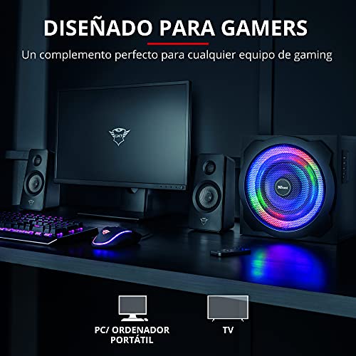 Trust Gaming GXT 629 Tytan Altavoces PC Gaming 2.1 con Subwoofer, RGB, 120 W, Control Inalámbrico, Jack 3,5 mm, Sistema de Altavoces para Ordenador, Portátil, Smartphone, Tablet - Negro