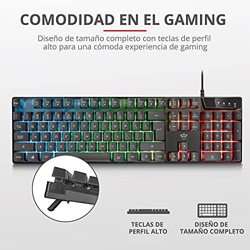 Trust Gaming GXT 835 Azor Teclado Retroiluminado Layout español (3 Modos de Color LED, Anti-Ghosting, 12 Teclas para Funciones Multimedia) Negro