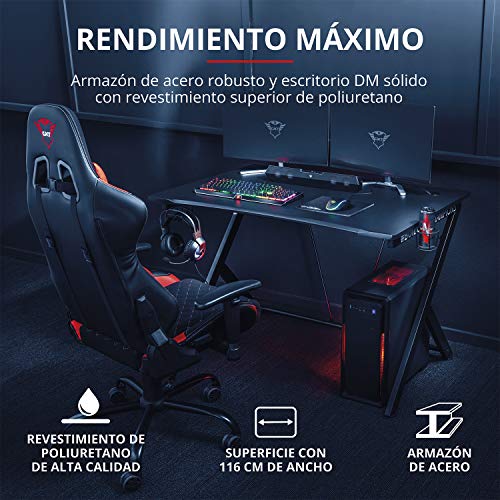 Trust Mesa Gaming Dominus GXT 711 Ergonómico, Soporte para Vasos y Auriculares, Sistema de Gestión de Cables - Escritorio Gaming 115 x 75 x 76 cm - Negro