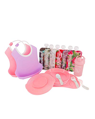 Twistshake Juego de Vajilla Bebés Click Mat Mini Plato, 2 Pcs Baberos, Vaso con Boquilla, 6x Bolsas reutilizables, Sin BPA, Rosa/Lila