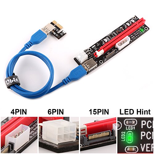 Ubit PCIe Riser, 3 en 1 1x a 16x Pcie Riser Board con LED Hint, Cable Custom Custom de 60 cm USB 3.0, 3 Opciones de alimentación (6 Pines/SATA/Molex)