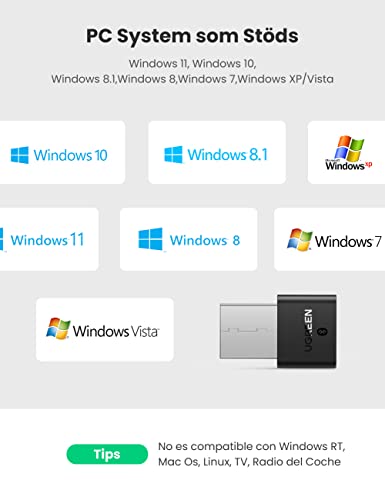 UGREEN Bluetooth USB PC, Adaptador Bluetooth PC para Mando Xbox One S, PS4, USB Dongle Bluetooth 4.0 CSR para Portátil, Auriculares, Altavoces, Teclados, Ratón, Compatible con Windows 10/8/7/XP/Vista