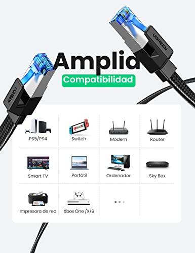 UGREEN Cable Ethernet Cat 8, Cable Red CAT8 Trenzado Plano Cable LAN 40Gbps 2000MHz Cable RJ45, Compatible con PS5, Xbox X/S, PC, PS4, TV Box, Router, Servidor NAS, Cat 7, Cat 6a, 1 Metro