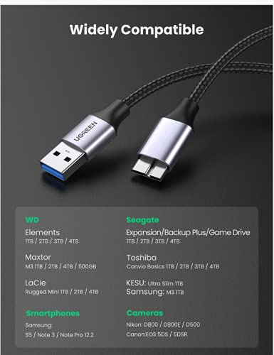 UGREEN Cable Micro B para Disco Duro Externo, Cable USB 3.0 Tipo A a Micro B 5 Gbps Compatible con Galaxy Note 3/S5, Toshiba Canvio Basic, Seagate Backup Plus, Maxtor M3, WD My Passport, 2 Metros