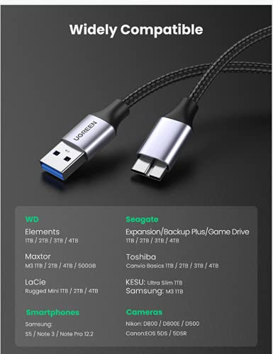 UGREEN Cable Micro B para Disco Duro Externo, Cable USB 3.0 Tipo A a Micro B 5 Gbps Compatible con Galaxy Note 3/S5, Toshiba Canvio Basic, Seagate Backup Plus, Maxtor M3, WD My Passport, 0.5 Metro