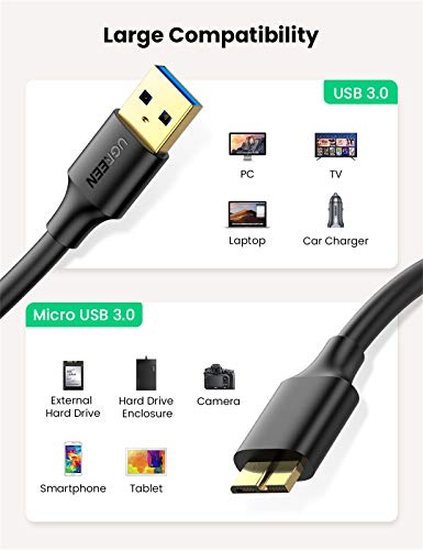 UGREEN Cable USB Micro B para Disco Duro Externo, Cable USB 3.0 Micro B 5Gbps Compatible con Galaxy Note 3/S5, Disco Duro Toshiba Canvio Basic, Seagate Backup, Maxtor M3, WD My Passport, (1 Metro)