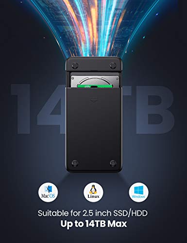 UGREEN Carcasa Disco Duro 2,5", Caja Disco Duro 2,5 USB 3.0 con UASP, Carcasa SSD para HDD SATA I/II/III 7mm 9,5mm, 14 TB MAX, Caja Disco Duro Externa Compatible PC PS5 PS4 Xbox X/S, con Cable USB 3.0
