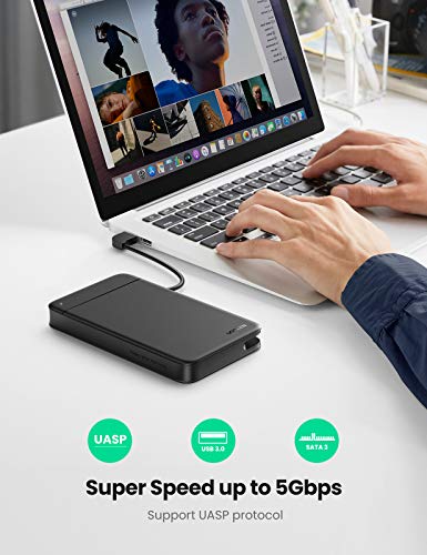 UGREEN Carcasa Disco Duro 2,5", Caja Disco Duro 2,5 USB 3.0 con UASP, Carcasa SSD para HDD SATA I/II/III 7mm 9,5mm, 14 TB MAX, Caja Disco Duro Externa Compatible PC PS5 PS4 Xbox X/S, con Cable USB 3.0